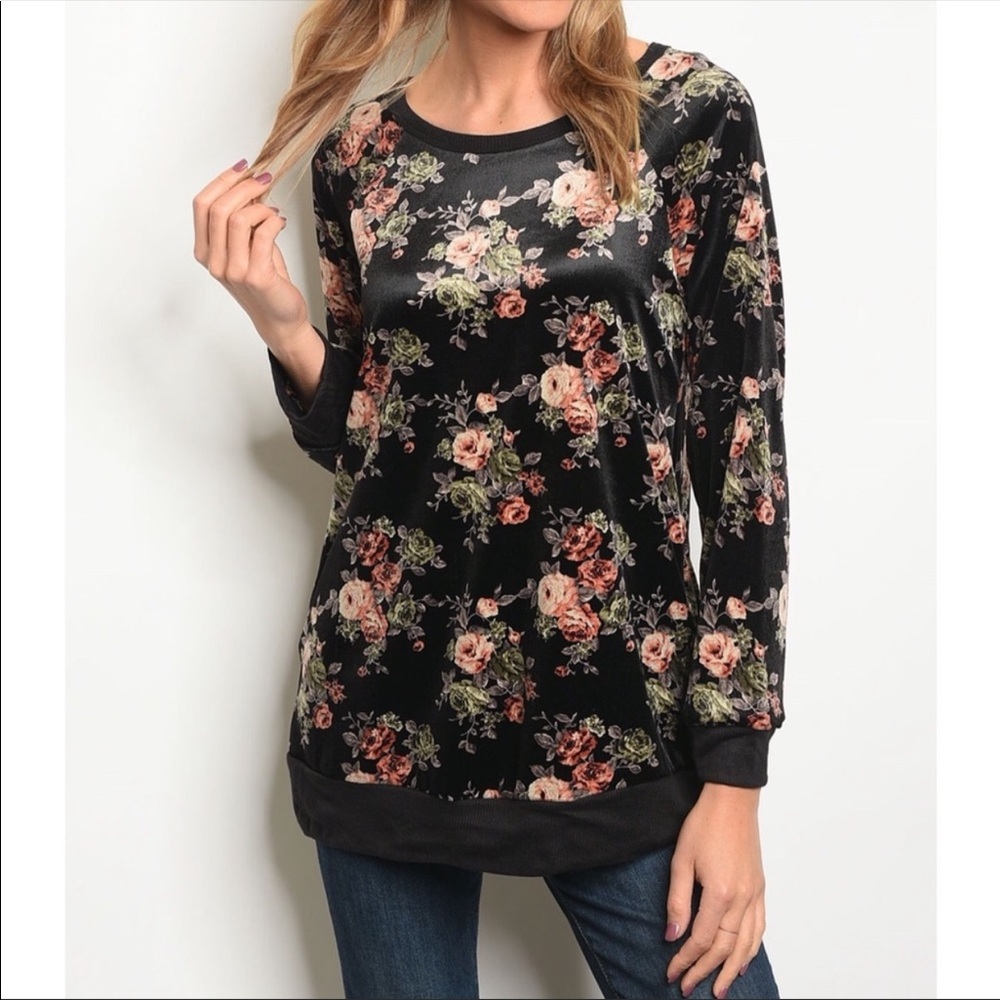 Black velvet floral long sleeve tunic top